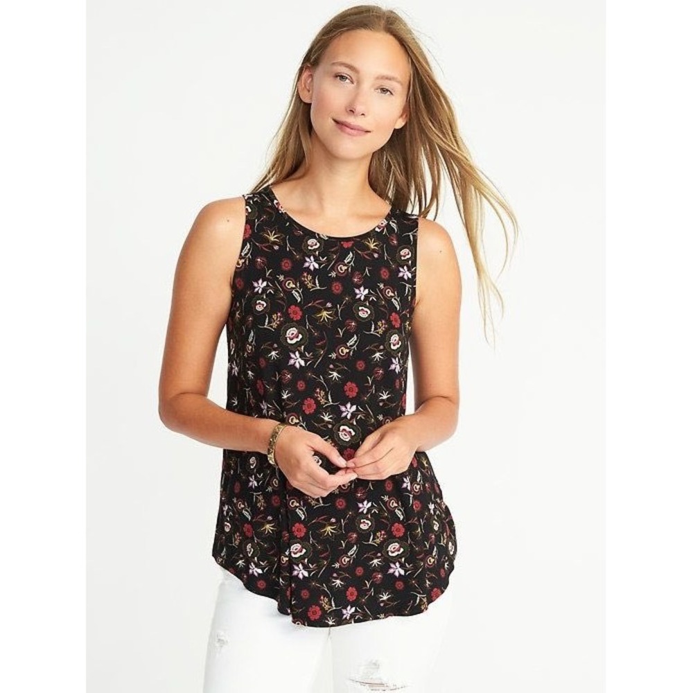 Old Navy Luxe Black Round Neck Floral Print Swing Sleeveless Tank Top Size Small